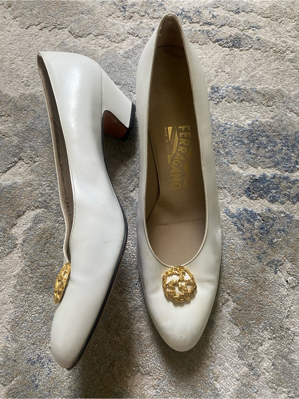 Salvatore Ferragamo White Leather Mid Block Heel Pumps with Gold Medallion